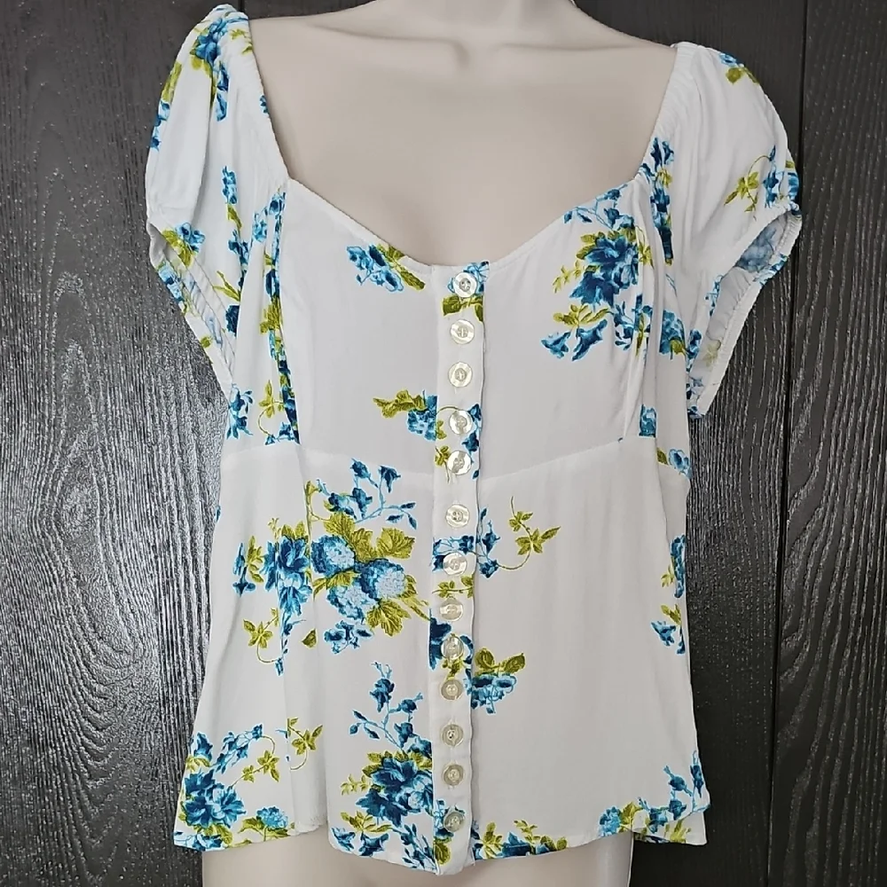 Free People White Floral Button Front Blouse with Blue and Green Print